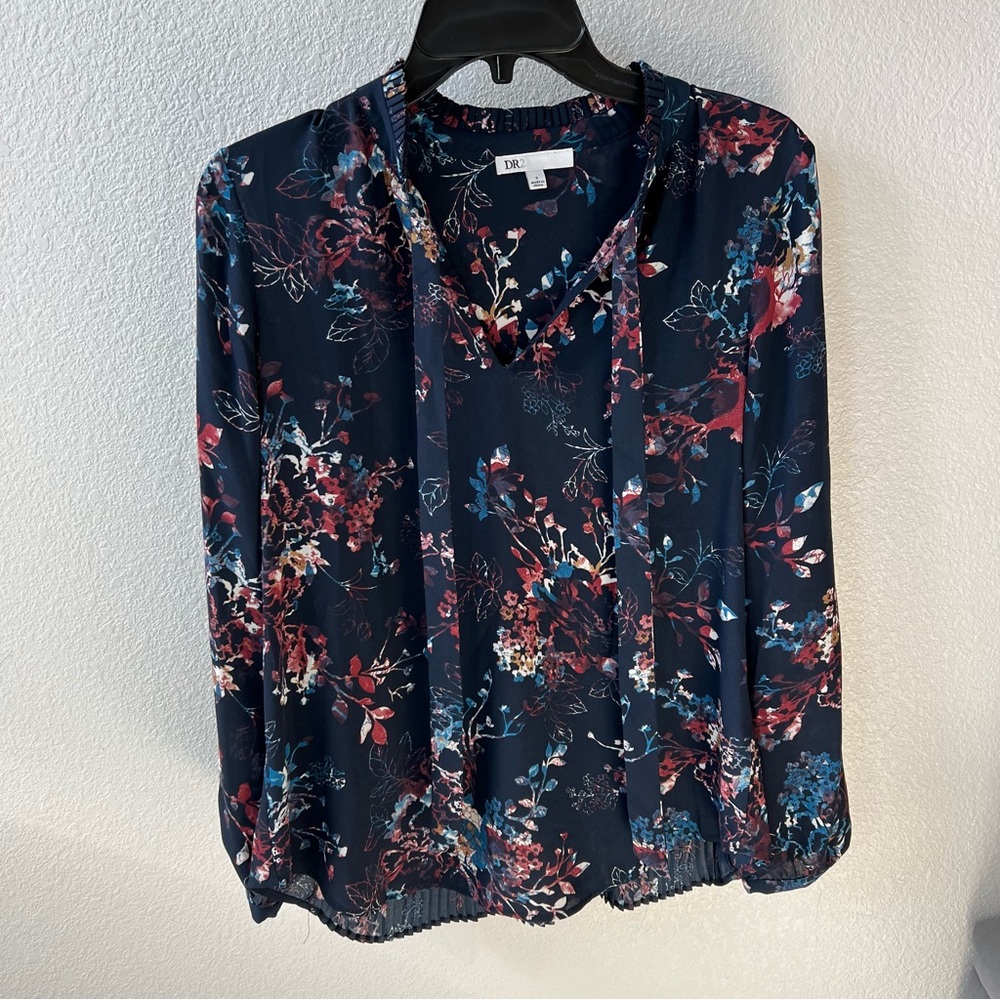 💗DR2 Navy Blue Floral Print Long Sleeve Blouse